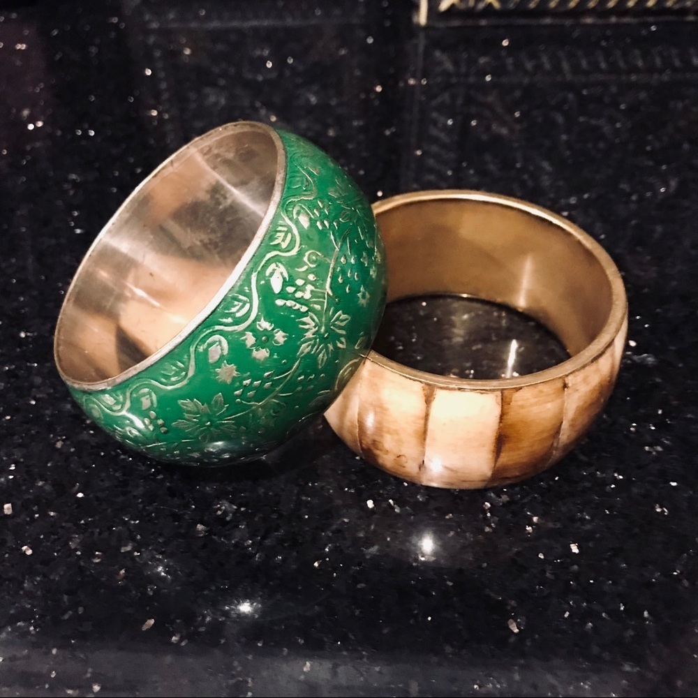 Anthropologie wood inlay & brass bangle bracelet